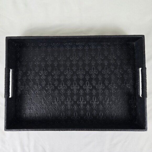 Black Leather Tray with Embossed Fleur de Lis Pattern Open Wrapped Handles - Picture 1 of 12